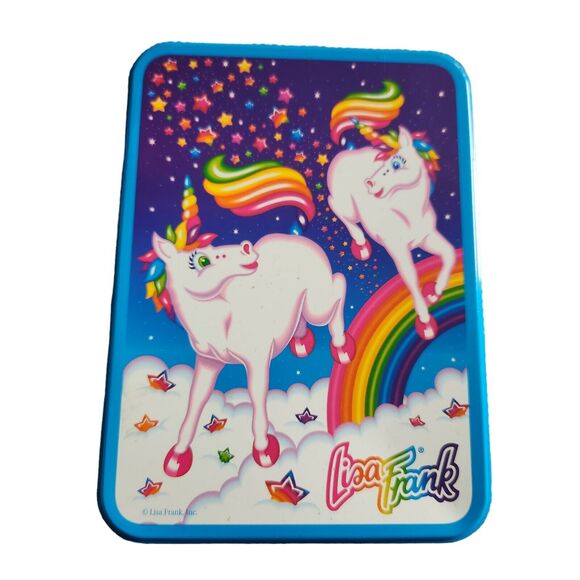 Lisa Frank Vintage Tin Markie Playing With Rainbow Unicorn Empty Collector's Tin - Picture 1 of 4